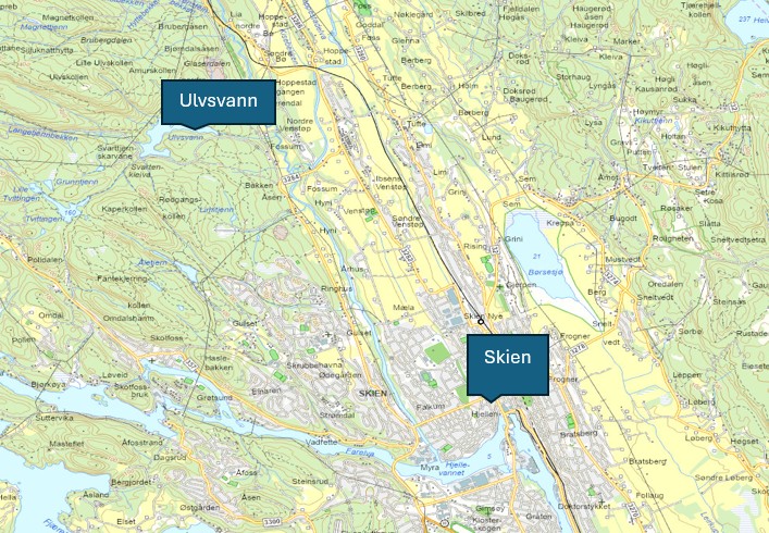 kart fra Skien som viser hvor Ulvsvann ligger
