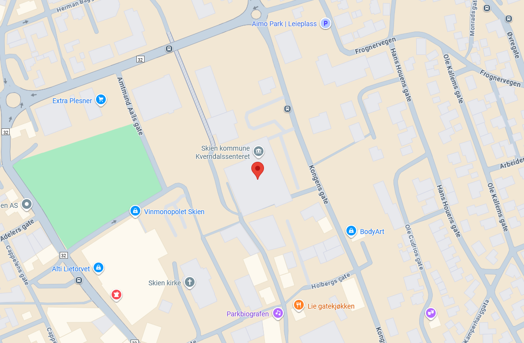 Kart over deler av Skien sentrum og Kongens gate.