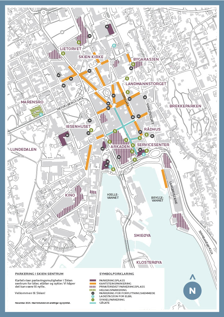 Kart som viser parkeringsmuligheter i Skien sentrum