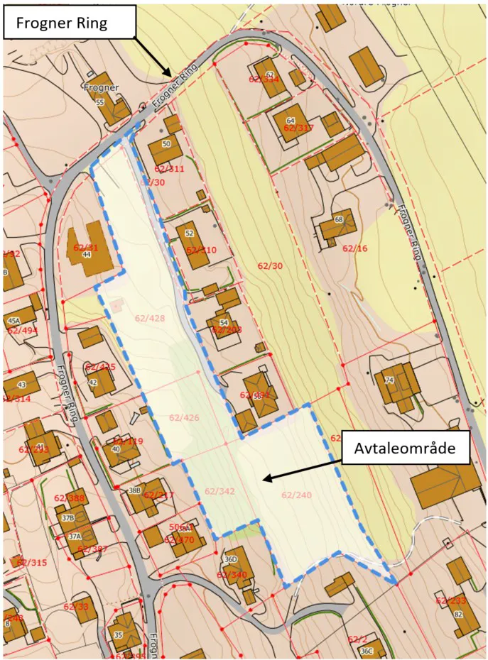 Kart som viser område for utbyggingsavtale i Frogner ring