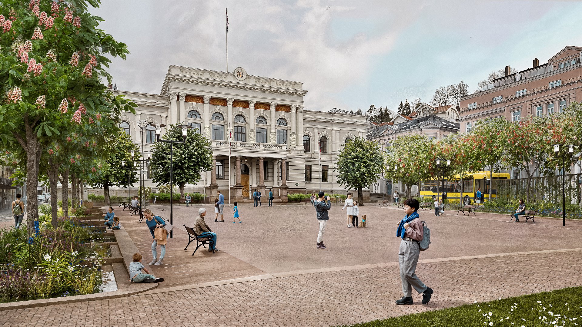 Illustrasjon som viser hvordan det kan bli på rådhusplassen med nytt dekke og vegetasjon.