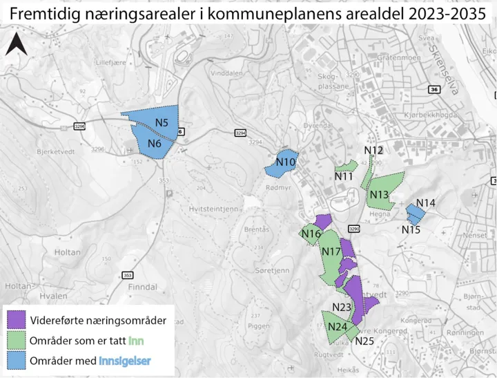 Kart over fremtidige næringsarealer for små og mellomstore bedrifter i kommuneplanens arealdel 2023-2035