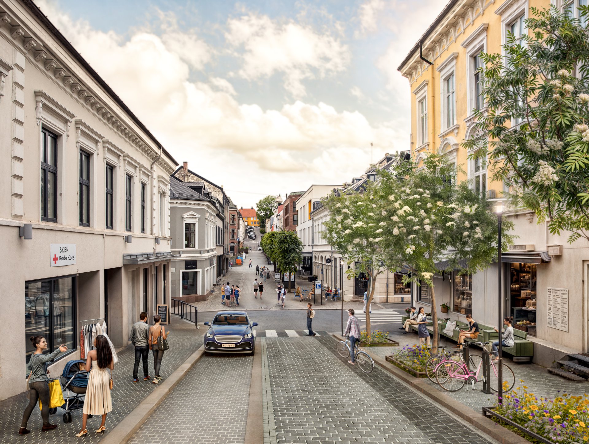 illustrasjon av bygate med bygninger, veibane, fortau, mennesker og vegetasjon.