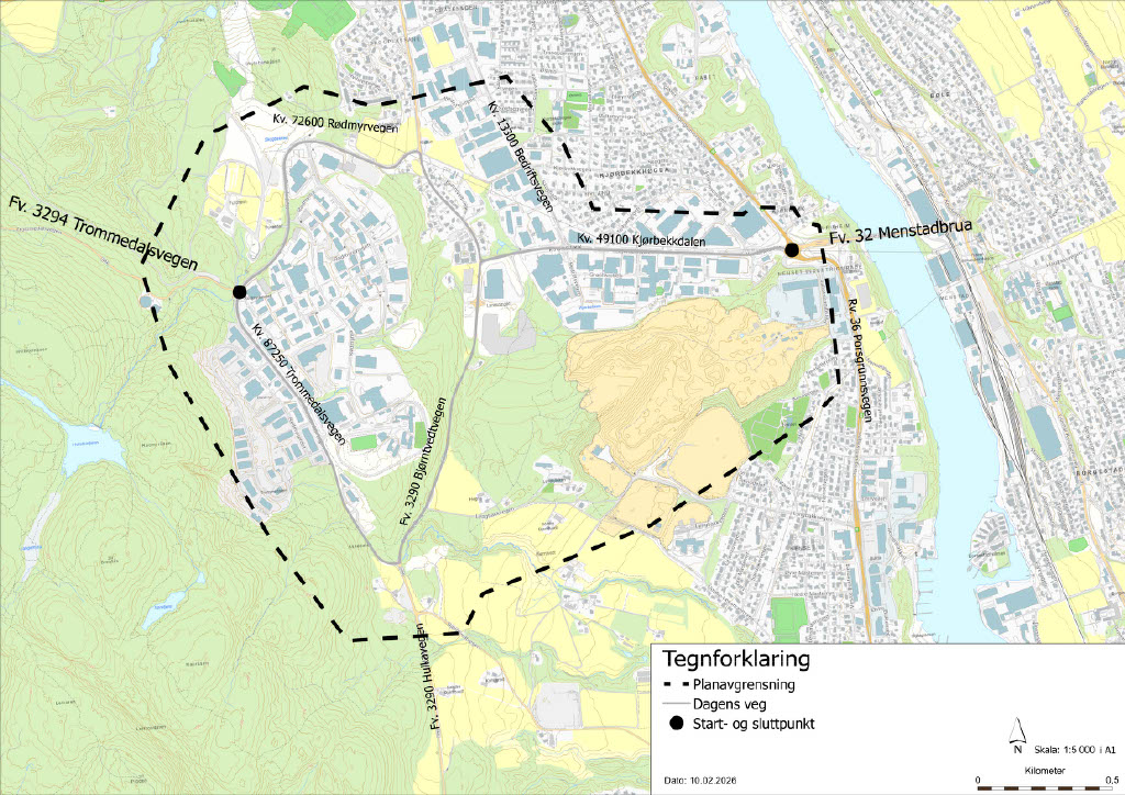 kart som viser området fra Menstadbrua til Trommedalsvegen