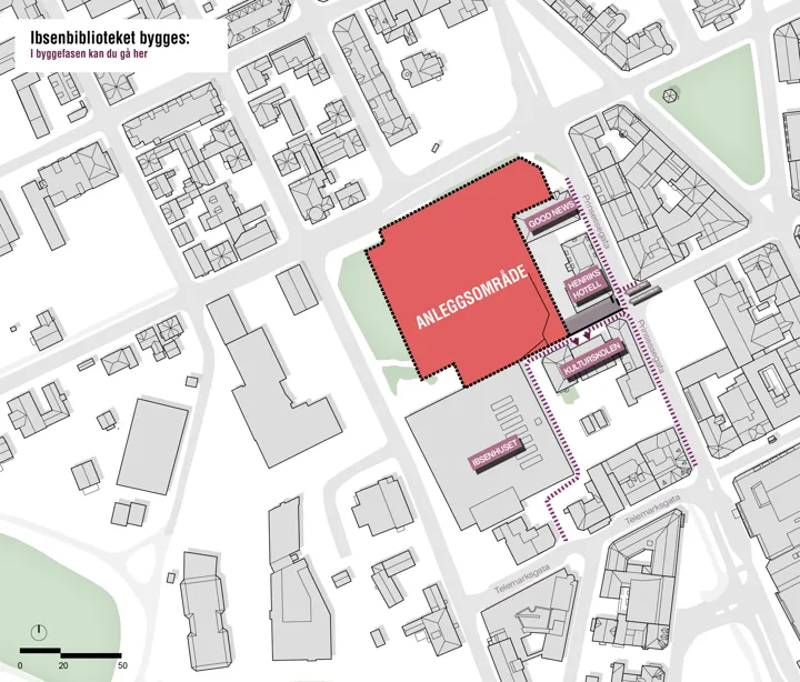 Kart som viser kvartalet Ibsenbiblioteket skal ligge