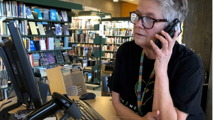 Gry avbilda i skranken på Skien bibliotek i 2020.
