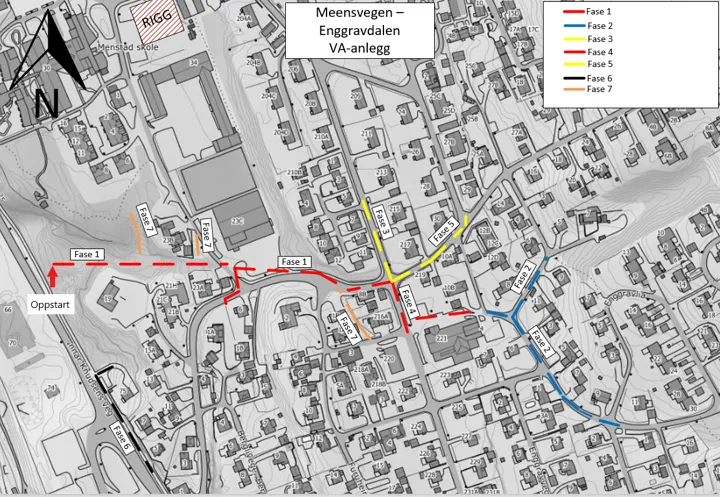 Kart som viser de ulike fasene i VA prosjektet i Meensvegen/Engravdalen. 