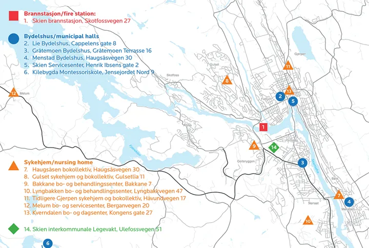 Nødkart for Skien kommune.