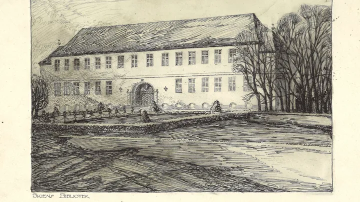 Arkitektskisse for Skien bibliotek i 1926. Urealisert prosjekt.