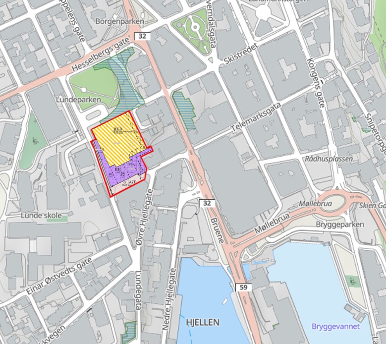Kart fra Skien sentrum hvor det aktuelle området er markert. 