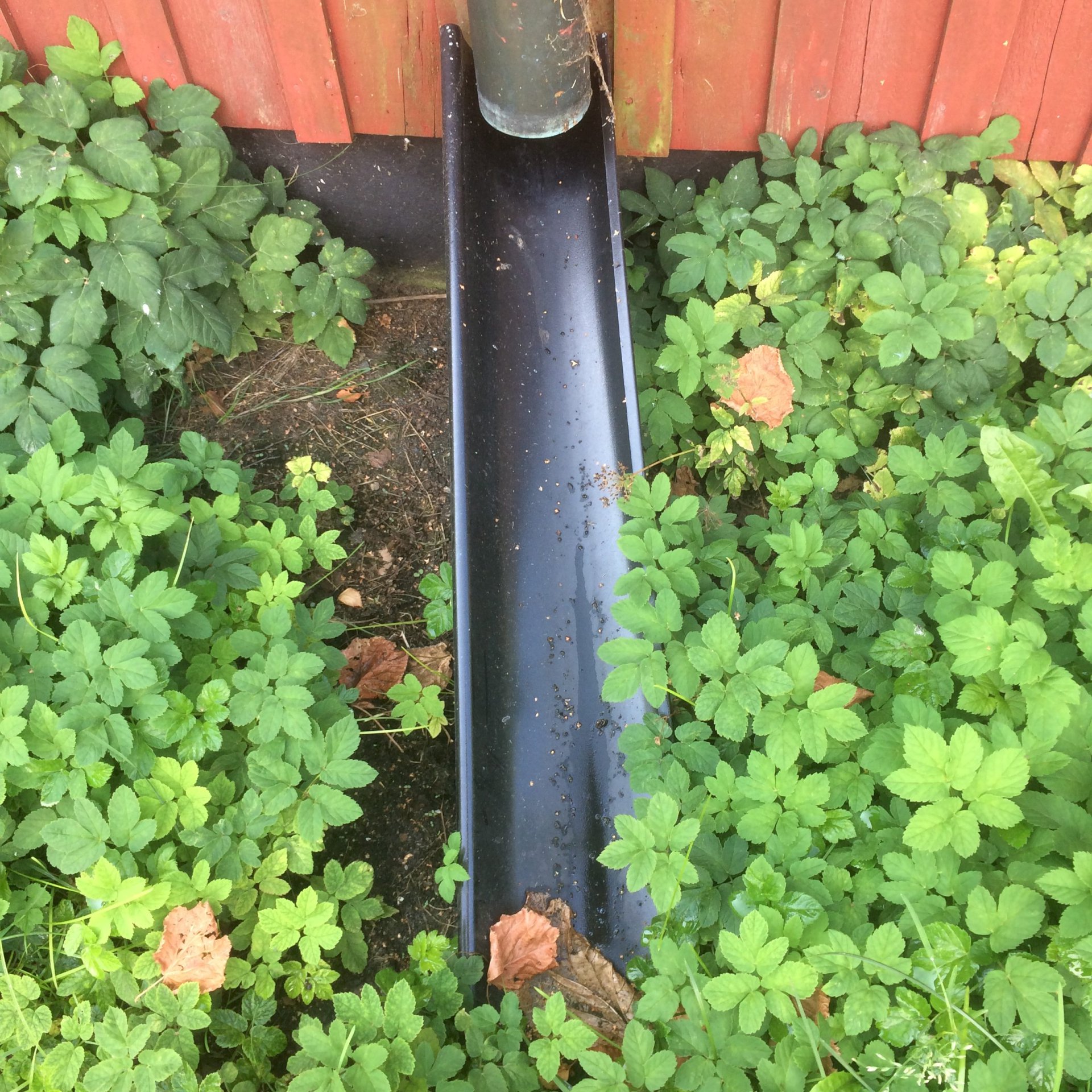 Taknedløpet ligger i terrenget ut fra husveggen