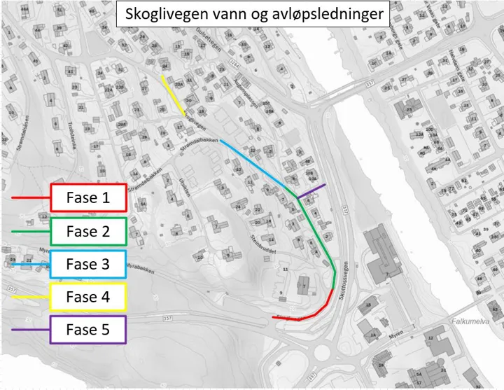 Kart over anleggsområdet i Skoglivegen som markerer arbeidet i de fire fasene.