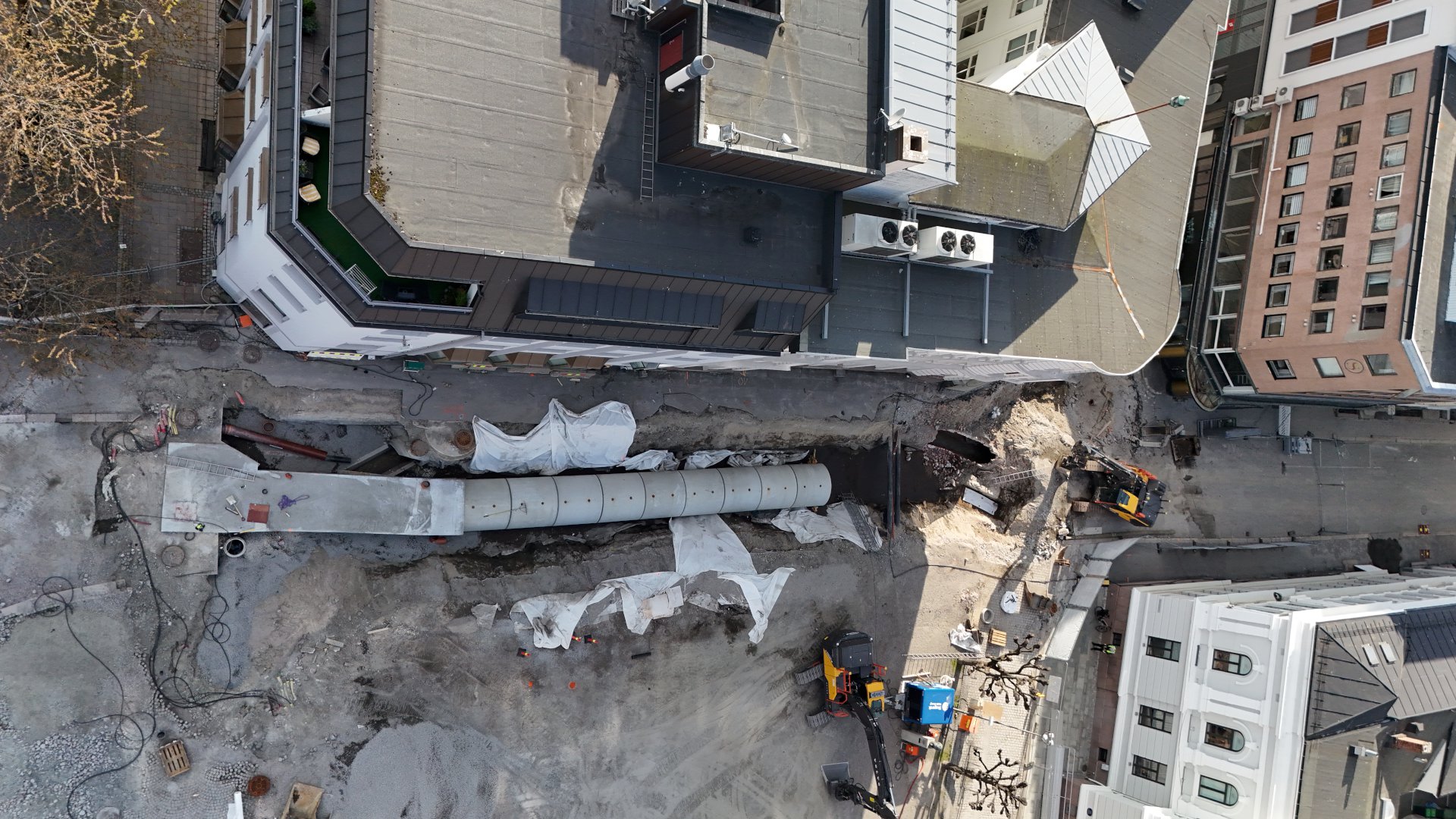 Dronebilde som viser anleggsområdet i Torggata