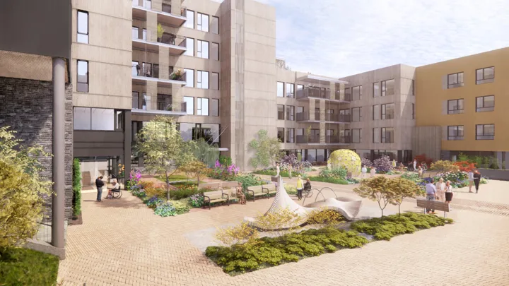 Illustrasjon som viser hvordan hvordan arealet utenfor det nye sykehjemmet blir med parkområde og sitteplasser.