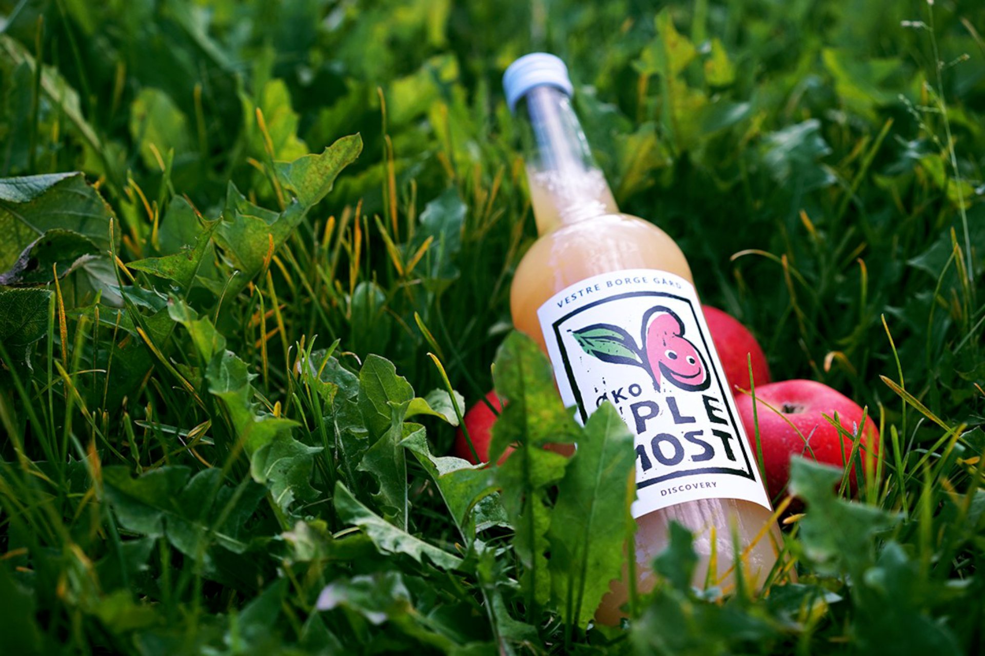 En flaske og epler som ligger i gresset